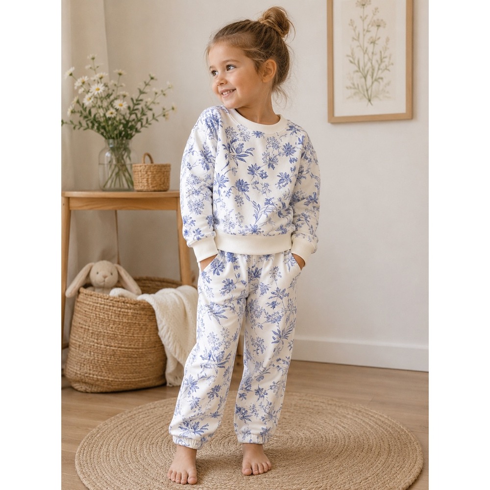 Gap Kids Sweatshirt Jogger Set Girls 5 XS Blue White Floral Fleece NWT Toile - Picture 2 of 11